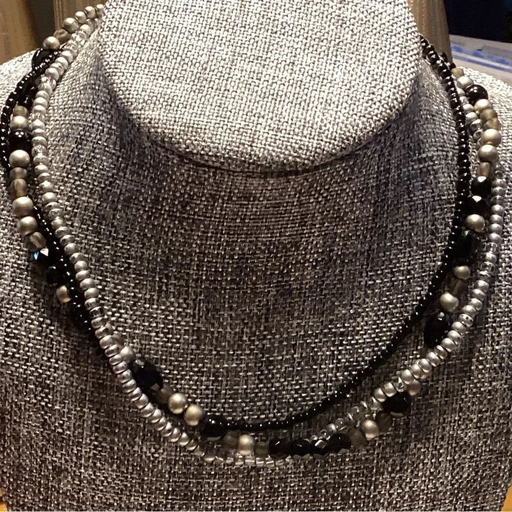 Three Strand Adjustable Black and Silver Beaded Layered Necklace
